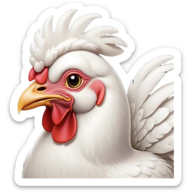 Cinematic Noble White Chicken Portrait Emoji, Poised and regal, with a compact, sturdy build and a pristine, well-groomed pure white plumage, deep-set soulful beady eyes, Simplified yet sharp and sophisticated features, highly detailed, glowing with a soft, dignified glow, high shine, intelligent and alert, stylized with an air of barnyard elegance, focused and attentive, soft glowing outline, capturing the essence of a watchful and confident fowl, so majestic it feels as though it could strut out of the screen with effortless authority! sticker