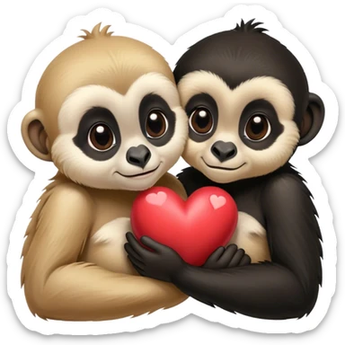 Two gibbons, one black and one tan, embracing with a heart, cute Disney-style  sticker