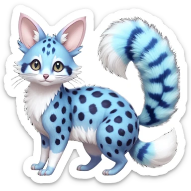 realistic  deep-ocean indigo fur seeded with bioluminescent plankton speckles beautiful elegant pretty precious cute  Fakémon-Pokémon-opossum-feline-serval-caracal-chinchilla-Furret-Minccino-hybrid-creature with a big fluffy bushy tail (full body) sticker