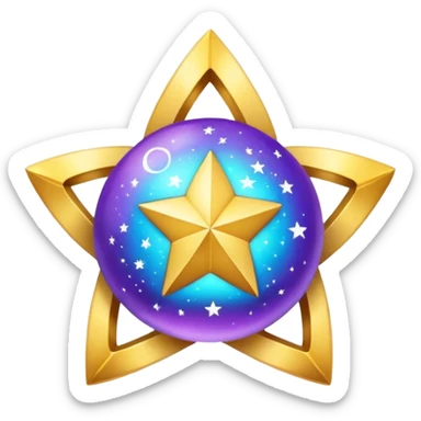 Uma esfera translúcida com reflexos roxos e azuis envolve uma estrela dourada brilhante no centro, criando um visual etéreo e futurista sticker