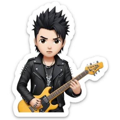 a kpop idol plying a heavy metal guitar sticker