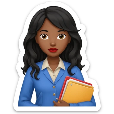 A young woman with long black hair, a wavy frange falling on half of her head. There's a long wavy stretch of hair falling on the side of her head. She's black, medium to dark skinned with thick lips. She's holding folders, and she's a CEO, but she's wearing casual clothes. sticker