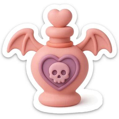 Create a mochi style pink goth potion bottle, add a bat motif and a heart-shaped stopper. Keep the soft and cute gothic look, no background. sticker