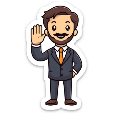 cheerful bearded businessman in suit waving hello sticker