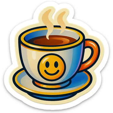 Hermès-style cup of tea, minimal design, Hermès orange handle, gold rim, cute emoji style, more variations, on white or transparent background sticker