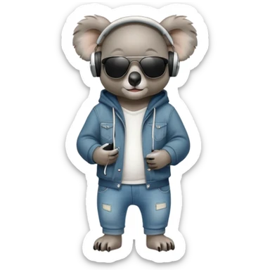 anthropomorphised koala full body wearing a hoodie and jeans dark sunglasses headphones sticker