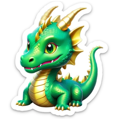 Cinematic Cute Dragon Portrait Emoji, Head tilted playfully and inquisitively, featuring a sleek, serpentine form adorned with iridescent scales that shift between emerald and gold, a delicate set of subtle horns, and round, sparkling eyes full of curious magic; rendered with realistic detail and warm natural light, high shine, affectionate and enchanting, styled with a touch of whimsical fantasy, soft glowing outline, capturing the essence of a mischievous yet lovable dragon that seems poised to slither playfully into your arms! sticker