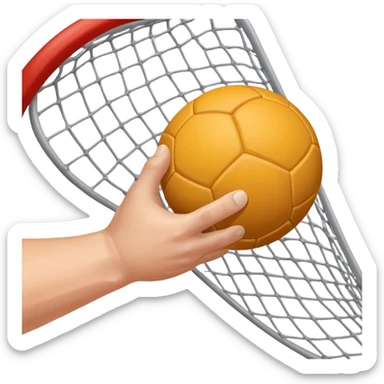 A close-up of a hand gripping a handball, with the handball gates visible in the background. The focus is on the texture of the ball and the strength of the grip, with the goal net slightly blurred to emphasize the anticipation of the throw. sticker