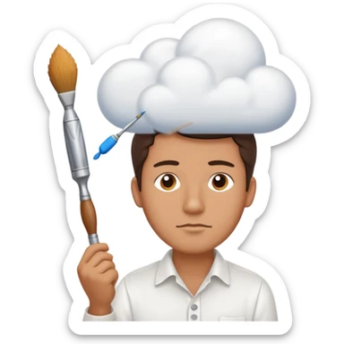 a man in a white buttoned shirt with a thinking cloud picturing a brush sticker