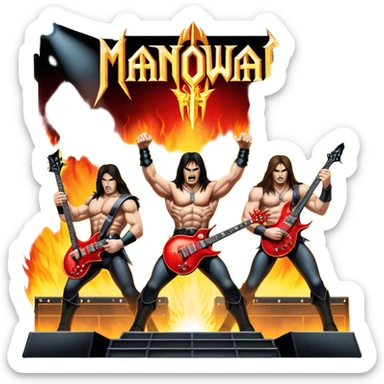 Icon for Metal Music: Manowar performing live, with powerful imagery of the band on stage, electric guitars, drums, and heavy metal energy. The background features a fiery stage and intense lights, reflecting the epic atmosphere of their concert. Transparent background. sticker