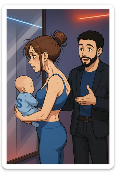 ispirati a questo stile di disegno e fai questa immagine in versione manga/webtoon a colori, il manga mostra la donna che si guarda alla specchio preoccupata di profilo con la postura sbagliata e incurvata, spalle chiuse e curve in avanti, con un neonato in braccio con una tutina azzurra e la scritta "S" blu sulla schiena, spina dorsale storta della donna in evidenza mentre al suo fianco anche l'uomo guarda la donna riflessa nello specchio e le spiega una cosa, ma non fare i fumetti, fai come se stessero parlando sticker