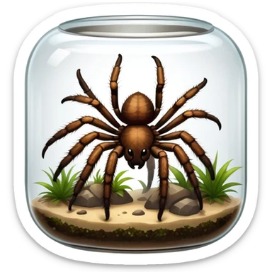 Close-up collage of a pet spider like tarantula, inside a large terrarium. Soft natural lighting highlights their textures and details. Transparent background sticker
