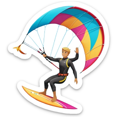 A kitesurfer soaring through the sky, harnessing the wind on a bright, colorful kite. The scene shows the surfer gliding over the water with the kite above, emphasizing the freedom, speed, and thrill of the sport in a dynamic coastal setting. sticker
