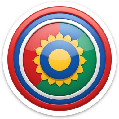 An emoji icon of the Romani flag. Top half blue, bottom half green, with a red 16-spoke chakra wheel in the center. Flat vector style, cute, isolated on white background. sticker