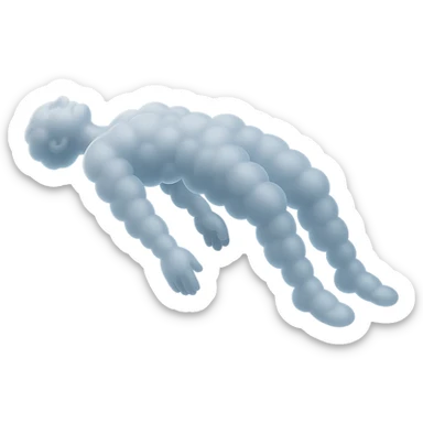 side view: unconscious person flying upwards by torso, arms and legs down, made of small convex fluffy white clouds, matte glass style sticker