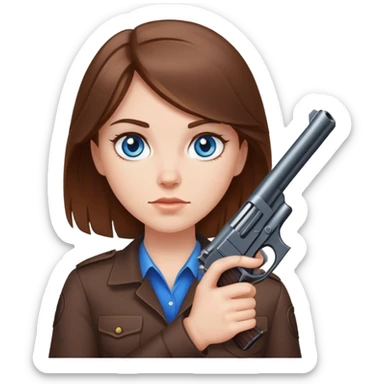 White girl brown hair blue eyes holding gun at you sticker