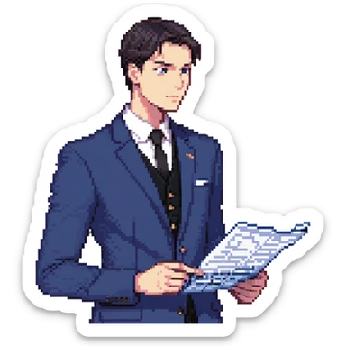 Flat pixel art, focused and confident male strategist, fair skin, short sleek dark hair, intense sharp eyes, wearing a deep indigo suit jacket over a black shirt, holding a blueprint in one hand, other hand thoughtfully touching chin, waist-up, front-facing sticker