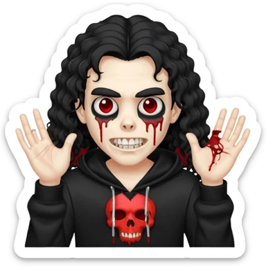 Vampire wearing a black hoodie with a skull logo on it, long curly hair that covers the forehead, fanged teeth and blood on hands sticker