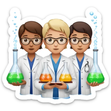 The team of scientists is waist-deep, surrounded by chemical flasks and books sticker