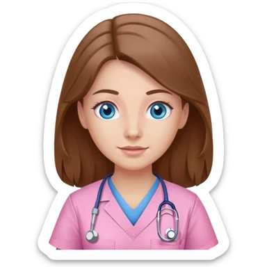 Brown Long hair blue eyes nurse in pink scrubs  sticker
