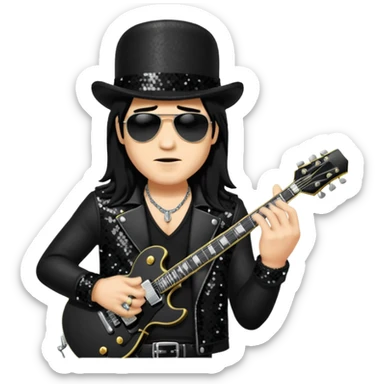 Slash from Gun n Roses with long jet black hair, black sequin outfit sticker
