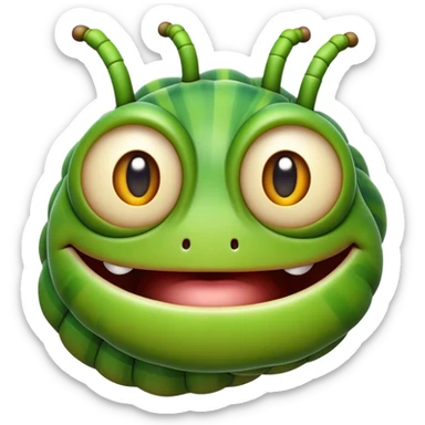Cinematic Realistic Comical Caterpillar Portrait Emoji, Head tilted dramatically with an exaggeratedly amused expression, featuring a strikingly detailed segmented body in vibrant green with bold natural banding and wide, expressive eyes full of playful disbelief, rendered with lifelike texture and vivid natural colors, high shine, dramatic yet playful, styled with an air of cheeky garden mischief, soft glowing outline, capturing the essence of a spirited and over‐the‐top caterpillar that looks ready to wiggle its way into viral fame! sticker