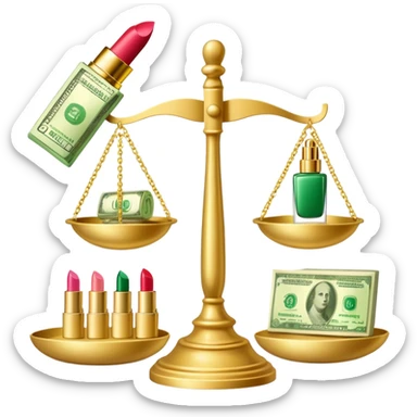 gold scale with left side green dollar bills and right side beauty products lipstick and nail polish, no lips, no extra elements sticker