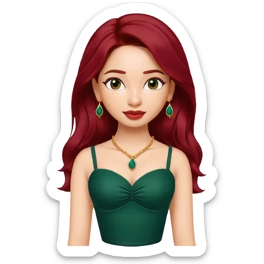 pretty bratz genmoji that looks like tamannah bhatia (bollywood actress), wearing a dark green sweetheart neckline top, dark red hair, light makeup, no necklace, dangly earrings, side hair part sticker