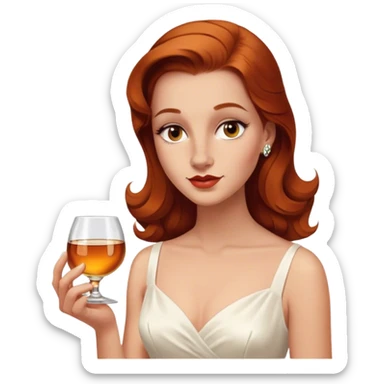 normal nose oval face Beautiful woman in 1950’s woman fashion look, no jewelry, white dress, long auburn hair, whisky sticker