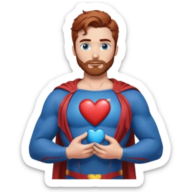 Adult-tall-full body- Superman-with redish brownish messy hair-full neatly trimmed beard-blue eyes-holding a blue heart with both hands on chest sticker