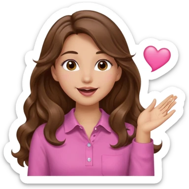 girl with long wavy brown hair, brown eyes, light to medium complexion, in a pink shirt, long lashes, blowing a kiss sticker