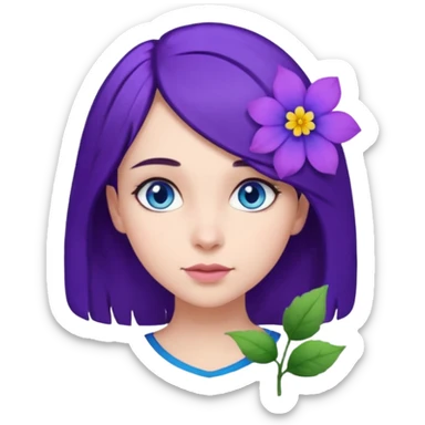 Create a girl of European appearance who looks sideways with dark brown hair, blue eyes and a purple hair flower sticker