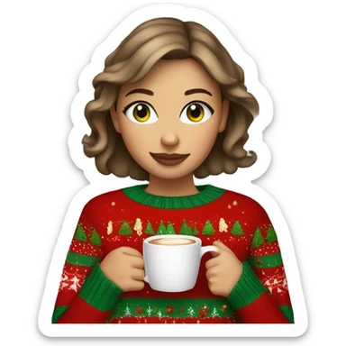 Short haired light brown girl with green eyes drinking coffee wearing Christmas sweater sticker