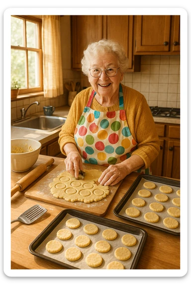 grandma baking cookies, wearing apron, kitchen background sticker