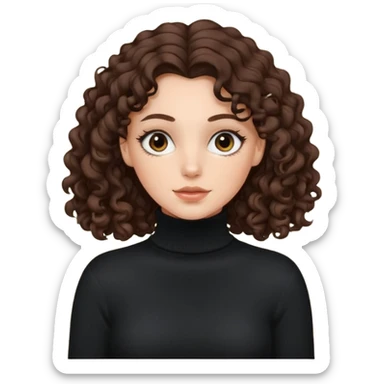 aesthetic white girl with dark brown long curly hair in front of the girland black eyes  , black turtle neck sweater top sticker