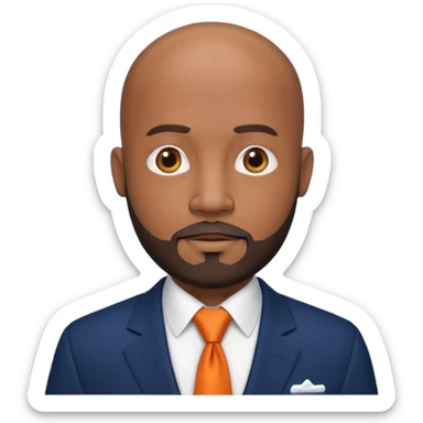 headshot of a sophisticated, stylish, bald head Caribbean black man with a beard and goatee in a navy blue suite, white shirt and dark orange tie sticker