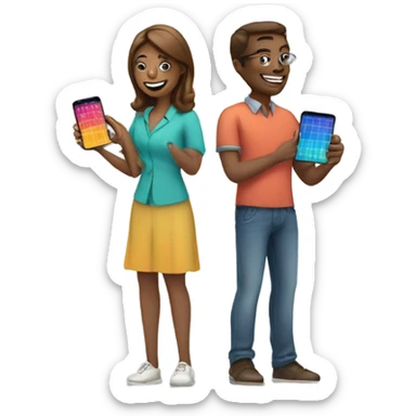 group with three happy person with a smartphone showing charts sticker