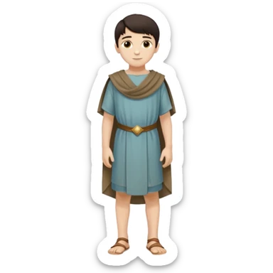 Niño: niño entre ⅞ años y 10/14 años, delgado, blanco de piel, moreno, ojos ni muy claros ni muy oscuros, bueno y simpático. cuerpo entero, época púnica sticker