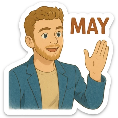 ghibli style illustration of a Justin Timberlake lookalike saying 'MAY' sticker
