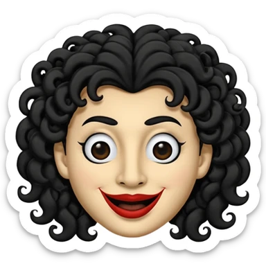 generate mask emoji with a big curly black hair 

black coloured  smiling lips and no teeth, long and pointy white nose with no nostrils, pitch black eyes with no pupils, no brows sticker
