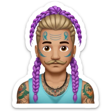 big lose braids starting from the top sides of the head hair like a unicorn man with mustache face wiith big visible loose only two braids and lots and lots of colored face tattoos colored tattoos like a tattoo artist hair unique color sticker