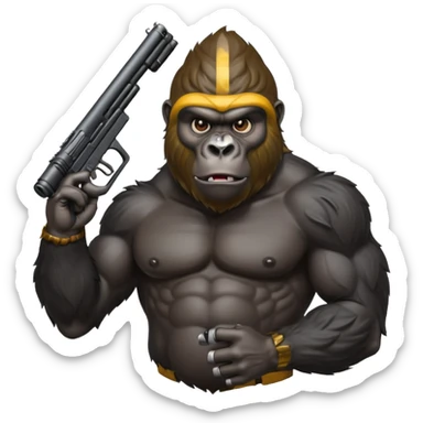 A mean gorilla holding a big gun in the air sticker