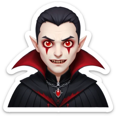 vampire village folk portrait, head and shoulders only, dark cloak collar, sharp fangs, red glowing eyes, gothic vibe, 3D cartoon, mobile game icon style, clean background, no text, no watermark

 sticker