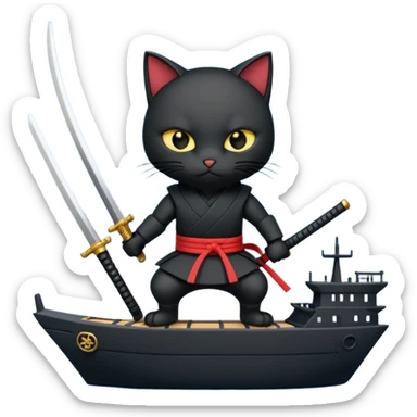 Black ninja cat with katana on warship sticker