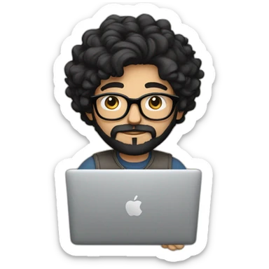 Designer with black hair, beard and glasses working with MacBook and drinking cappuccino  sticker