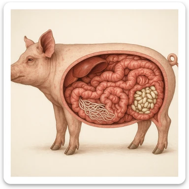 realistic illustration cross section of a pig showing intestine full of parasites white worms and larvae anatomical details clinical background 4K quality sticker