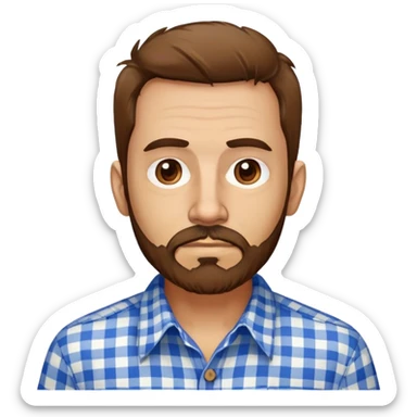 Skinny Puerto Rican man in his mid-50s with light skin. Thin face with defined features. Messy, disheveled brown hair. Untidy brown beard. Wearing a blue and white checkered button-up shirt that looks loose on his slim frame. sticker