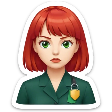 Woman with red bangs dark green work dress and press pass around neck  sticker