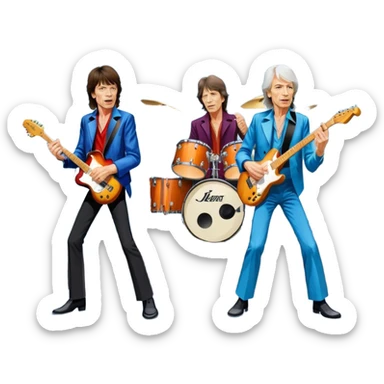 Icon for Rock Music: The Rolling Stones live on stage with Mick Jagger performing vocals, Keith Richards playing guitar, and Charlie Watts on drums. Iconic stage lights, electric guitars, and energetic crowd. Transparent background. sticker