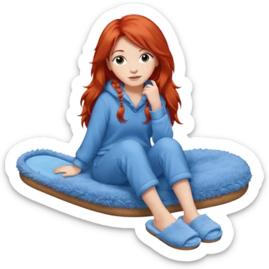 young woman with long red hear wearing comfy lounging outfit, wearing blue fuzzy slippers sticker